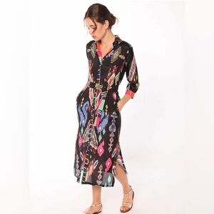 VILAGALLO Medium 38 Black Multicolor Long Sleeve Dress Resortwear Tribal Vaca